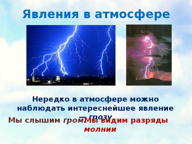 Явления в атмосфере Нередко в атмосфере можно наблюдать интереснейшее явление — грозу Мы слышим гром. Мы видим разряды молнии 