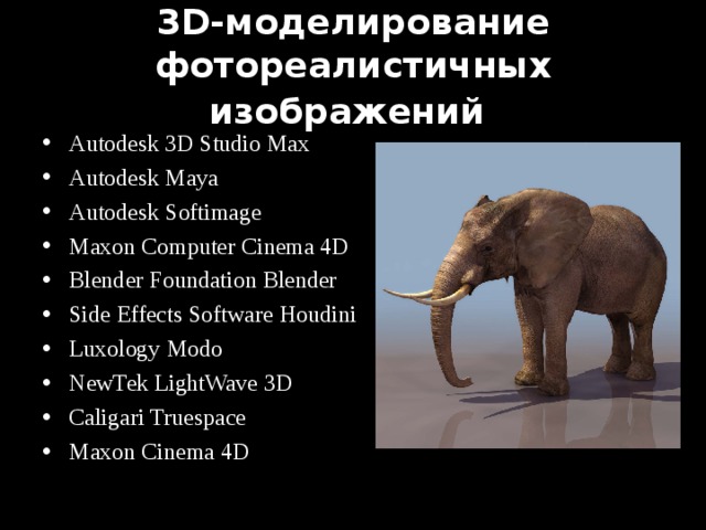 3D-моделирование фотореалистичных изображений  Autodesk 3D Studio Max Autodesk Maya Autodesk Softimage Maxon Computer Cinema 4D Blender Foundation Blender Side Effects Software Houdini Luxology Modo NewTek LightWave 3D Caligari Truespace Maxon Cinema 4D 