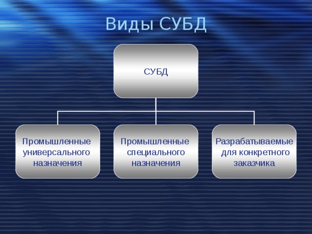 Виды СУБД СУБД Промышленные универсального назначения Промышленные специального назначения Разрабатываемые  для конкретного заказчика 