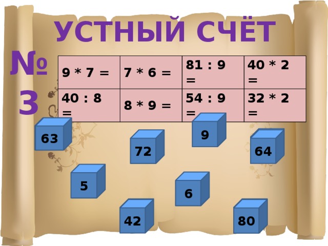 УСТНЫЙ СЧЁТ № 3 9 * 7 = 40 : 8 = 7 * 6 = 8 * 9 = 81 : 9 = 40 * 2 = 54 : 9 = 32 * 2 = 9 О М 63 Ь 72 64 Р У 5 С 6 Т Д 42 Т 80 