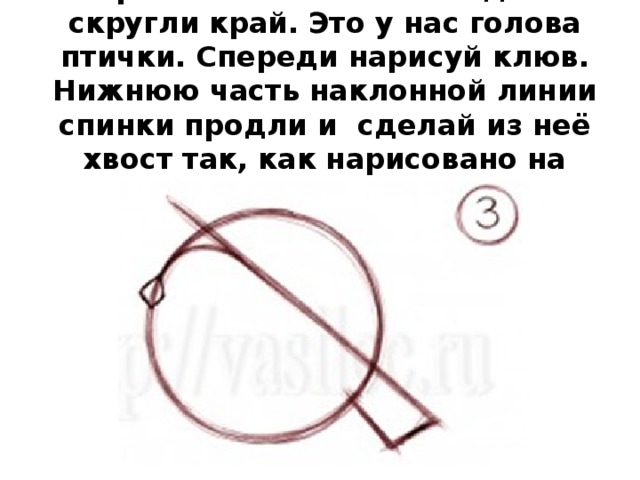 В верхней части большой дольки скругли край. Это у нас голова птички. Спереди нарисуй клюв. Нижнюю часть наклонной линии спинки продли и  сделай из неё хвост так, как нарисовано на картинке.   