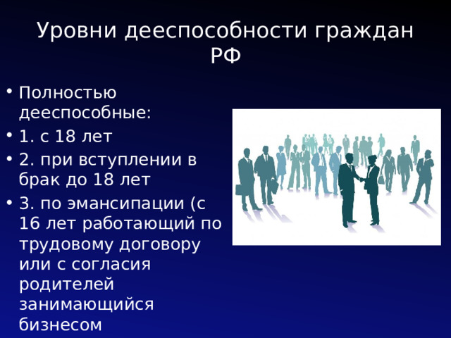 Уровни дееспособности граждан РФ Полностью дееспособные: 1. с 18 лет 2. при вступлении в брак до 18 лет 3. по эмансипации (с 16 лет работающий по трудовому договору или с согласия родителей занимающийся бизнесом 