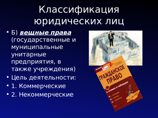 Классификация юридических лиц Б) вещные права (государственные и муниципальные унитарные предприятия, в также учреждения) Цель деятельности: 1. Коммерческие 2. Некоммерческие 