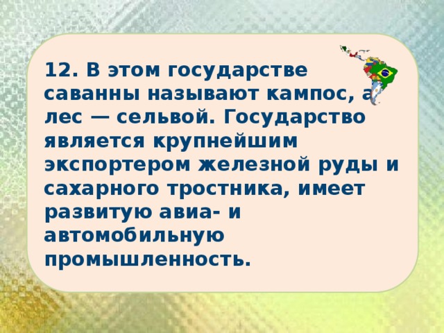 12. В этом государстве саванны называют кампос, а лес — сельвой. Государство является крупнейшим экспортером железной руды и сахарного тростника, имеет развитую авиа- и автомобильную промышленность. 