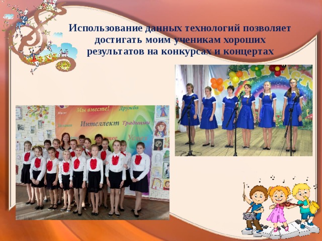 Использование данных технологий позволяет достигать моим ученикам хороших результатов на конкурсах и концертах Вы можете использовать данное оформление для создания своих презентаций, но в своей презентации вы должны указать источник шаблона: Кулакова Наталья Ивановна учитель начальных классов ГУО «СШ № 26 г. Гродно», Беларусь   