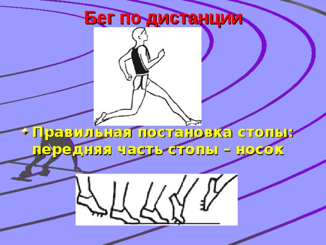 Бег по дистанции   Правильная постановка стопы: передняя часть стопы – носок 