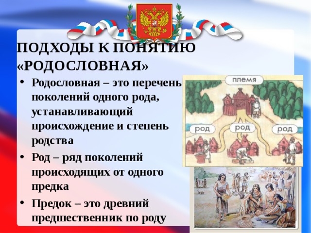ПОДХОДЫ К ПОНЯТИЮ «РОДОСЛОВНАЯ» Родословная – это перечень поколений одного рода, устанавливающий происхождение и степень родства Род – ряд поколений происходящих от одного предка Предок – это древний предшественник по роду  