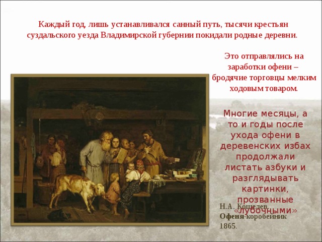 Каждый год, лишь устанавливался санный путь, тысячи крестьян суздальского уезда Владимирской губернии покидали родные деревни.   Это отправлялись на заработки офени – бродячие торговцы мелким ходовым товаром.   Многие месяцы, а то и годы после ухода офени в деревенских избах продолжали листать азбуки и разглядывать картинки, прозванные «лубочными» Н.А. Кошелев. Офеня -коробейник 1865. 
