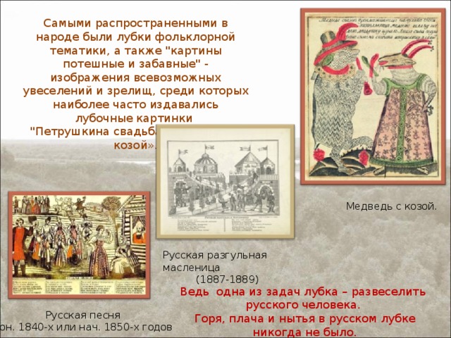 Самыми распространенными в народе были лубки фольклорной тематики, а также 