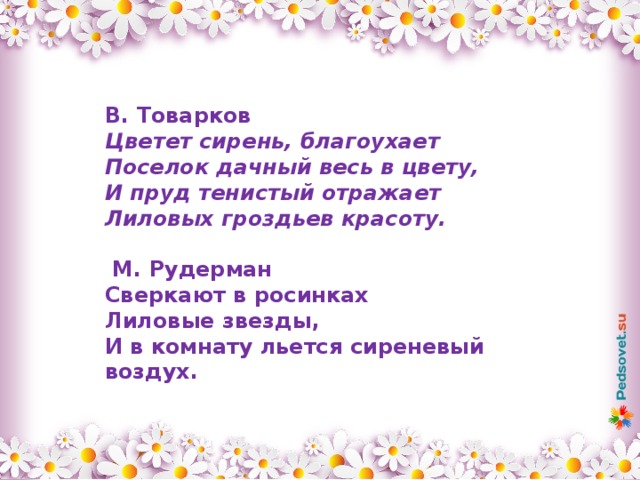 В. Товарков Цветет сирень, благоухает Поселок дачный весь в цвету, И пруд тенистый отражает Лиловых гроздьев красоту.   М. Рудерман Сверкают в росинках Лиловые звезды, И в комнату льется сиреневый воздух. 