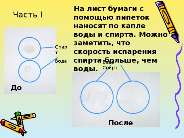 На лист бумаги с помощью пипеток наносят по капле воды и спирта. Можно заметить, что скорость испарения спирта больше, чем воды. Часть I Спирт Вода Вода Спирт До После 