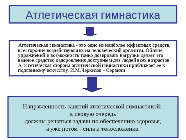 Атлетическая гимнастика  Атлетическая гимнастика - это одно из наиболее эффектных средств, всесторонне воздействующих на человеческий организм. Обилие упражнений и возможность тонко дозировать нагрузки делает это важное средство оздоровления доступным для людей всех возрастов. А эстетическая сторона атлетической гимнастики приближает ее к подлинному искусству. И.М.Черкизов - Сераини Направленность занятий атлетической гимнастикой: в первую очередь  должны решаться задачи по обеспечению здоровья, а уже потом - сила и телосложение. 