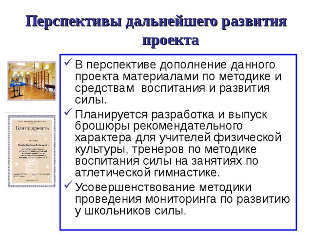 Перспективы дальнейшего развития проекта В перспективе дополнение данного проекта материалами по методике и средствам воспитания и развития силы. Планируется разработка и выпуск брошюры рекомендательного характера для учителей физической культуры, тренеров по методике воспитания силы на занятиях по атлетической гимнастике. Усовершенствование методики проведения мониторинга по развитию у школьников силы. 
