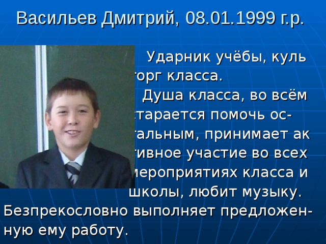 Васильев Дмитрий, 08.01.1999 г.р.  Ударник учёбы, куль  торг класса.  Душа класса, во всём  старается помочь ос-  тальным, принимает ак  тивное участие во всех  мероприятиях класса и  школы, любит музыку. Безпрекословно выполняет предложен- ную ему работу. 