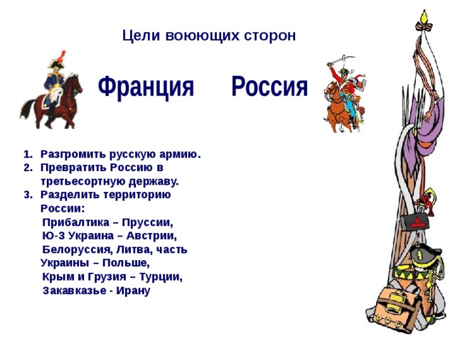 Цели воюющих сторон Разгромить русскую армию. Превратить Россию в третьесортную державу. Разделить территорию России:  Прибалтика – Пруссии,  Ю-З Украина – Австрии,  Белоруссия, Литва, часть Украины – Польше,  Крым и Грузия – Турции,  Закавказье - Ирану 
