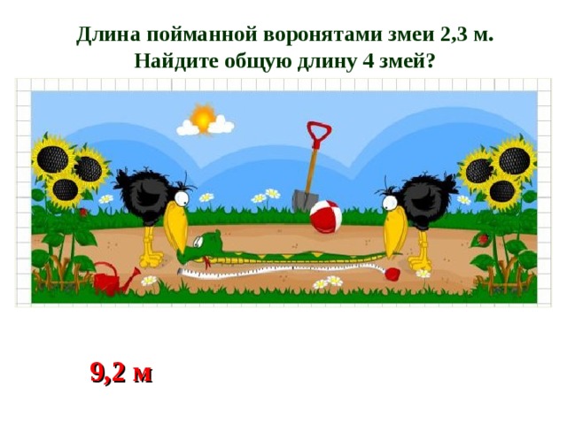 Длина пойманной воронятами змеи 2, 3 м.  Найдите общую длину 4 змей? 9 ,2 м 