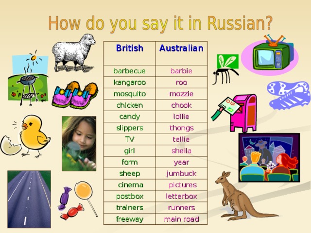 British barbecue Australian kangaroo barbie roo mosquito mozzie chicken chook candy slippers lollie TV thongs tellie girl sheila form year sheep jumbuck  cinema  pictures postbox letterbox trainers runners freeway main road 