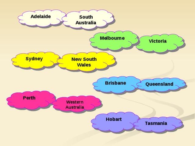 Adelaide South Australia Melbourne Victoria Sydney New South Wales Brisbane Queensland Perth Western Australia Hobart Tasmania 