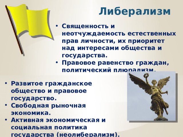 Либерализм Священность и неотчуждаемость естественных прав личности, их приоритет над интересами общества и государства. Правовое равенство граждан, политический плюрализм. Развитое гражданское общество и правовое государство. Свободная рыночная экономика. Активная экономическая и социальная политика государства (неолиберализм). 