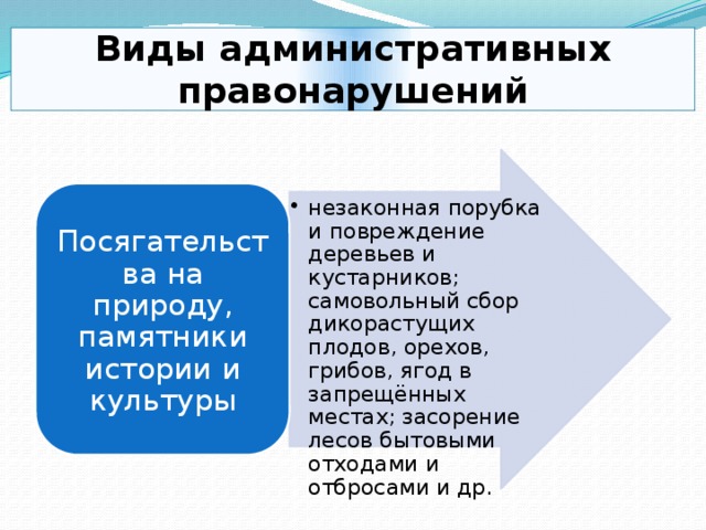 Виды административных правонарушений незаконная порубка и повреждение деревьев и кустарников; самовольный сбор дикорастущих плодов, орехов, грибов, ягод в запрещённых местах; засорение лесов бытовыми отходами и отбросами и др. незаконная порубка и повреждение деревьев и кустарников; самовольный сбор дикорастущих плодов, орехов, грибов, ягод в запрещённых местах; засорение лесов бытовыми отходами и отбросами и др. Посягательства на природу, памятники истории и культуры 