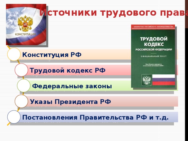 Источники трудового права Конституция РФ Трудовой кодекс РФ Федеральные законы Указы Президента РФ Постановления Правительства РФ и т.д.  