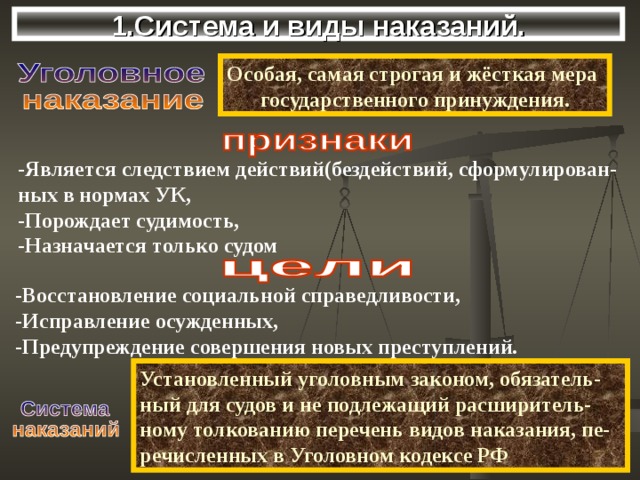 1.Система и виды наказаний. Особая, самая строгая и жёсткая мера государственного принуждения. -Является следствием действий(бездействий, сформулирован- ных в нормах УК, -Порождает судимость, -Назначается только судом -Восстановление социальной справедливости, -Исправление осужденных, -Предупреждение совершения новых преступлений. Установленный уголовным законом, обязатель-ный для судов и не подлежащий расширитель-ному толкованию перечень видов наказания, пе-речисленных в Уголовном кодексе РФ 