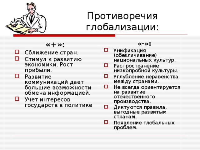 Противоречия глобализации: «+»: «-»: Сближение стран. Стимул к развитию экономики. Рост прибыли. Развитие коммуникаций дает большие возможности обмена информацией. Учет интересов государств в политике Унификация (обезличивание) национальных культур. Распространение низкопробной культуры. Углубление неравенства между странами. Не всегда ориентируется на развитие отечественного производства. Диктуются правила, выгодные развитым странам. Появление глобальных проблем.   
