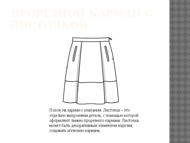 ПРОРЕЗНОЙ КАРМАН С ЛИСТОЧКОЙ Похож на карман с клапаном. Листочка – это отдельно выкроенная деталь, с помощью которой оформляют линию прорезного кармана. Листочка может быть декоративным элементом изделия, создавать иллюзию кармана. 