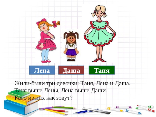 Лена Даша Таня Жили-были три девочки: Таня, Лена и Даша.  Таня выше Лены, Лена выше Даши. Кого из них как зовут? 