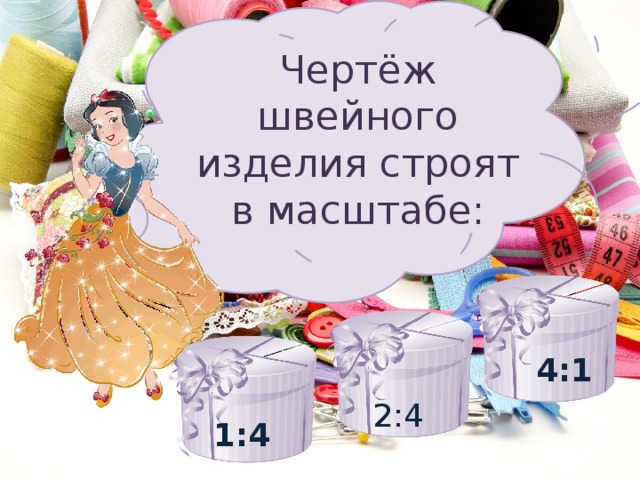Чертёж швейного изделия строят в масштабе: 4:1 2:4 1:4 
