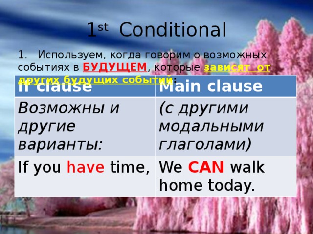 1 st Conditional 1. Используем, когда говорим о возможных событиях в БУДУЩЕМ , которые зависят от других будущих событий : If clause Main clause Возможны и другие варианты: (с другими модальными глаголами) If you have time, We CAN walk home today. 
