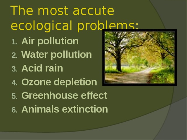 The most accute ecological problems : Air pollution Water pollution Acid rain Ozone depletion Greenhouse effect Animals extinction 
