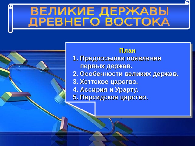 План 1. Предпосылки появления первых держав. 2. Особенности великих держав. 3. Хеттское царство. 4. Ассирия и Урарту. 5. Персидское царство.  