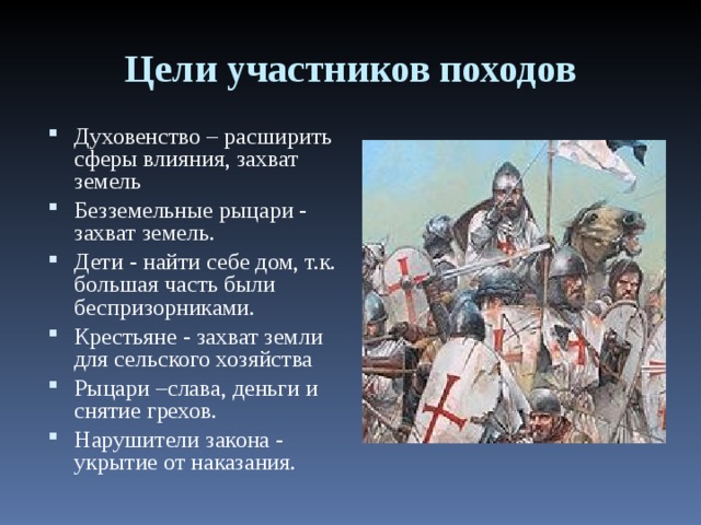 Цели участников походов Духовенство – расширить сферы влияния, захват земель Безземельные рыцари - захват земель. Дети - найти себе дом, т.к. большая часть были беспризорниками. Крестьяне - захват земли для сельского хозяйства Рыцари –слава, деньги и снятие грехов. Нарушители закона - укрытие от наказания.   