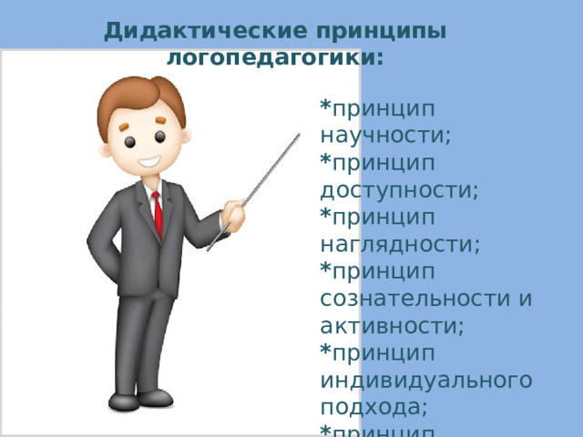Дидактические принципы логопедагогики: * принцип научности;  * принцип доступности;  * принцип наглядности;  * принцип сознательности и активности;  * принцип индивидуального подхода;  * принцип прочности.   