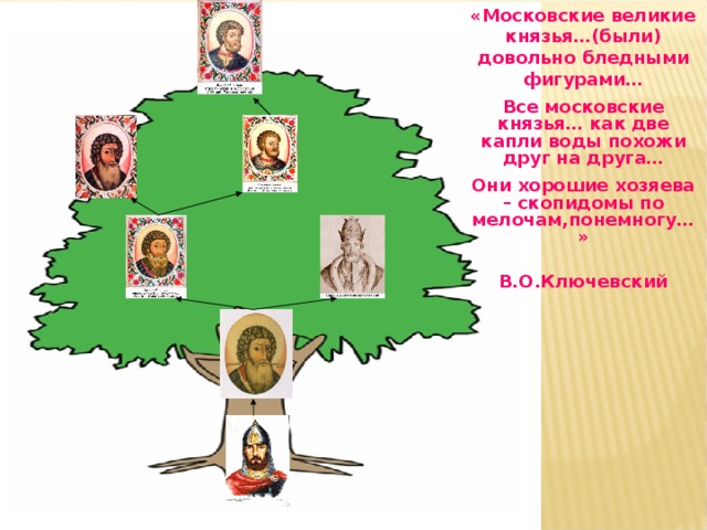 «Московские великие князья…(были) довольно бледными фигурами… Все московские князья… как две капли воды похожи друг на друга… Они хорошие хозяева – скопидомы по мелочам,понемногу…»  В.О.Ключевский  