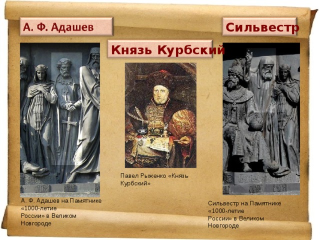 Сильвестр Князь Курбский Павел Рыженко «Князь Курбский» А. Ф. Адашев на Памятнике «1000-летие России» в Великом Новгороде Сильвестр на Памятнике «1000-летие России» в Великом Новгороде 