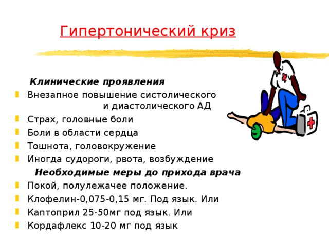  Гипертонический криз  Клинические проявления Внезапное повышение систолического и диастолического АД Страх, головные боли Боли в области сердца Тошнота, головокружение Иногда судороги, рвота, возбуждение  Необходимые меры до прихода врача Покой, полулежачее положение. Клофелин-0,075-0,15 мг. Под язык. Или Каптоприл 25-50мг под язык. Или Кордафлекс 10-20 мг под язык 