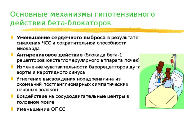 Основные механизмы гипотензивного действия бета-блокаторов Уменьшение сердечного выброса в результате снижения ЧСС и сократительной способности миокарда Антирениновое действие (блокада бета-1 рецепторов юкстагломерулярного аппарата почек) Изменение чувствительности барорецепторов дуги аорты и каротидного синуса Угнетение высвождения норадреналина из окончаний постганглионарных симпатических нервных волокон Воздействие на сосудодвигательные центры в головном мозге  Уменьшение ОПСС 