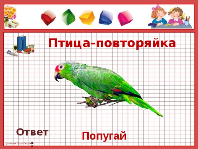 Птица-повторяйка   Ответ: Попугай