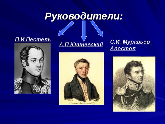  Руководители: П.И.Пестель С.И. Муравьев-Апостол А.П.Юшневский 
