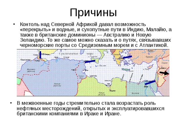 Причины Контоль над Северной Африкой давал возможность «перекрыть» и водные, и сухопутные пути в Индию, Малайю, а также в британские доминионы — Австралию и Новую Зеландию. То же самое можно сказать и о путях, связывавших черноморские порты со Средиземным морем и с Атлантикой. В межвоенные годы стремительно стала возрастать роль нефтяных месторождений, открытых и эксплуатировавшихся британскими компаниями в Ираке и Иране. 