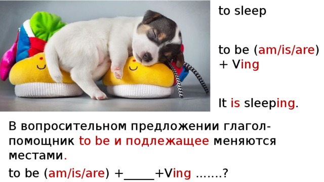 to sleep   to be ( am/is/are ) + V ing   It is sleep ing . В вопросительном предложении глагол-помощник to be и подлежащее меняются  местами . to be ( am/is/are ) +_____+V ing .......? Is it sleep ing ? Yes, it is. No , it is not . 