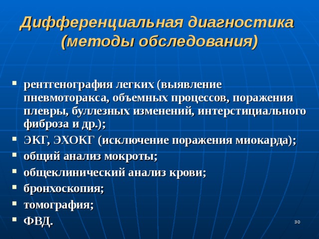 Дифференциальная диагностика  (методы обследования) рентгенография легких (выявление пневмоторакса, объемных процессов, поражения плевры, буллезных изменений, интерстициального фиброза и др.); ЭКГ, ЭХОКГ (исключение поражения миокарда); общий анализ мокроты; общеклинический анализ крови; бронхоскопия; томография; ФВД.  