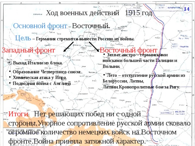 Ход военных действий 1915 год Основной фронт – Восточный.  Цель – Германия стремится вывести Россию из войны. Западный фронт  Восточный фронт   Захват австро – германскими войсками большей части Галиции и Волыни.  Лето – отступление русской армии из Белоруссии, Литвы, Латвии.Кровопролитные бои за Ригу.   Выход Италии из блока.  Образование Четвертного союза..  Химическая атака у Ипра.  Подводная война с Англией Итоги :  Нет решающих побед ни с одной стороны.Упорное сопротивление русской армии сковало огромное количество немецких войск на Восточном фронте.Война приняла затяжной характер. 