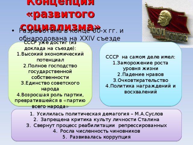 Концепция «развитого социализма» Разработана в конце 60-х гг. и обнародована на XXIV съезде КПСС в 1971г. СССР уже достиг (из доклада на съезде): СССР на самом деле имел: Высокий экономический потенциал Полное господство государственной собственности Единство советского народа Возросшая роль партии, превратившейся в «партию всего народа» Заморожение роста уровня жизни Падение нравов Очковтирательство Политика награждений и восхвалений Усилилась политическая демагогия – М.А.Суслов Запрещена критика культу личности Сталина Свернут процесс реабилитации репрессированных Росла численность чиновников Развивалась коррупция 