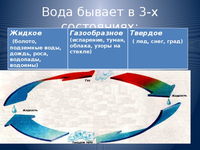 Вода бывает в 3-х состояниях: Жидкое  (болото, подземные воды, дождь, роса, водопады, водоемы) Газообразное (испарение, туман, облака, узоры на стекле) Твердое  ( лед, снег, град) 