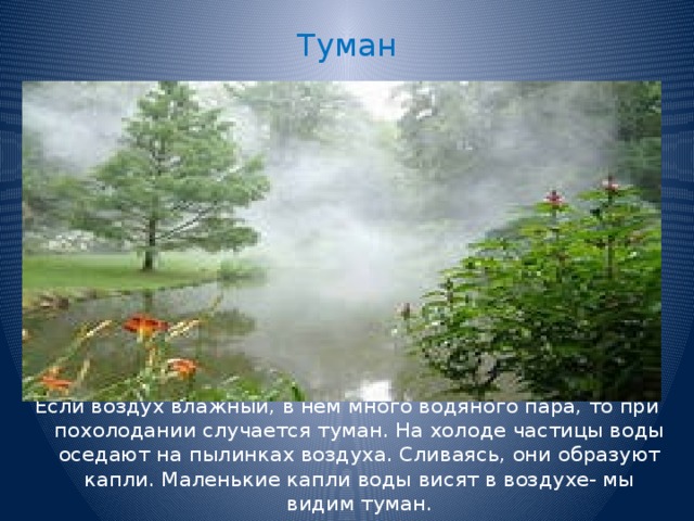 Туман Если воздух влажный, в нём много водяного пара, то при похолодании случается туман. На холоде частицы воды оседают на пылинках воздуха. Сливаясь, они образуют капли. Маленькие капли воды висят в воздухе- мы видим туман. 
