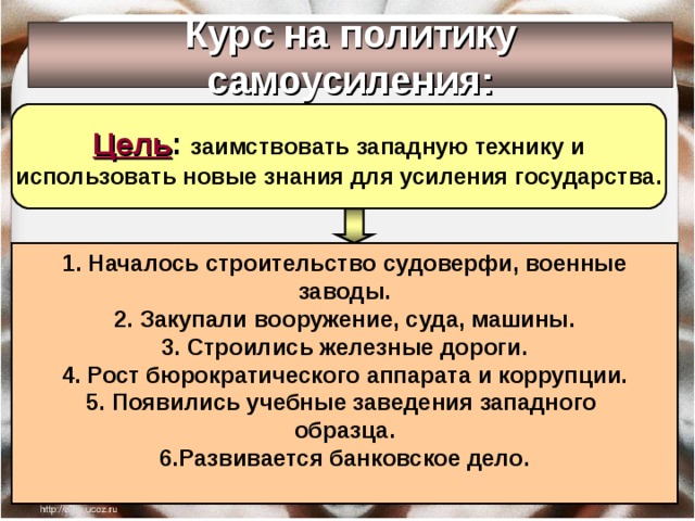 Курс на политику самоусиления: Цель : заимствовать западную технику и использовать новые знания для усиления государства. Началось строительство судоверфи, военные заводы. 2. Закупали вооружение, суда, машины. 3. Строились железные дороги. 4. Рост бюрократического аппарата и коррупции. 5. Появились учебные заведения западного образца. 6.Развивается банковское дело.  