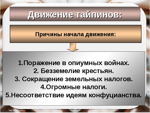Движение тайпинов: Причины начала движения: Поражение в опиумных войнах.  Безземелие крестьян.  Сокращение земельных налогов. Огромные налоги. Несоответствие идеям конфуцианства. 